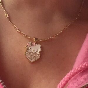 NWT Hello Kitty Gold Filled Necklace Pink Bow Rhinestone Heart Pendant